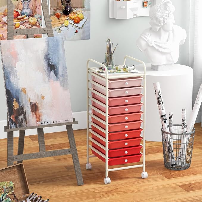 Giantex 10-Drawer Storage Cart w/Universal Wheel, Rolling Cart w/Handle, Home Organizer Storage Unit w/Removable Drawers, Trolley Utility Cart for Kitchen Makeup Living Room Office Play Room - Image 2
