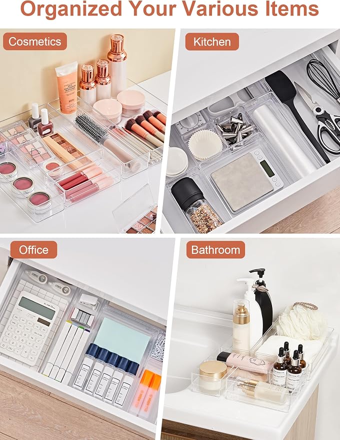 SMARTAKE 30-Piece Drawer Organizer with Non-Slip Silicone Pads, 7-Size | Desk Drawer Organizer Trays Storage Tray for Makeup, Jewelries, Utensils in Bedroom Dresser, Office and Kitchen (Clear) - Image 6