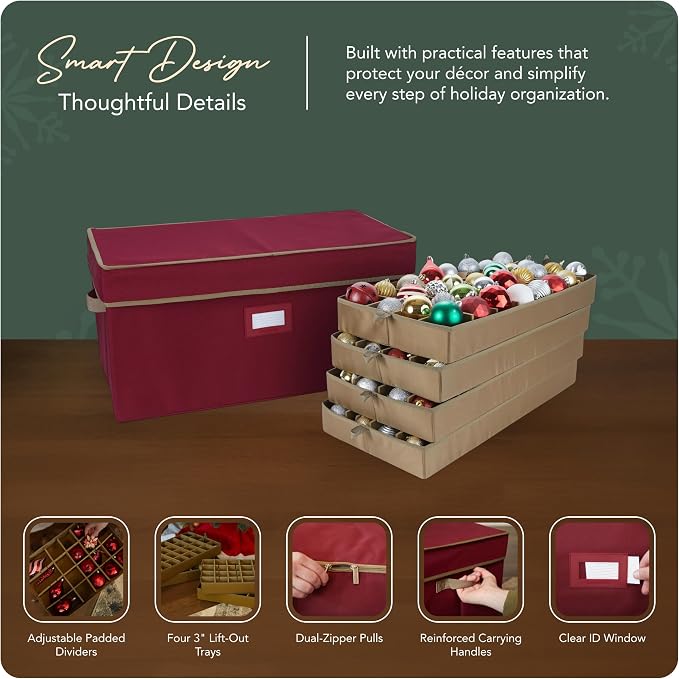 Covermates Keepsakes Adjustable Ornament Storage Box – Heavy-Duty Polyester, Padded Dividers & FlexGrid Trays – Protective Holiday Organizer with Stackable Walls & Label Window, Red - Image 4