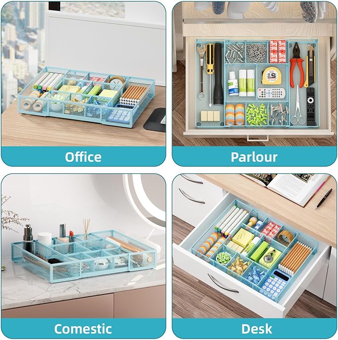 Marbrasse Expandable Desk Drawer Organizer, Mesh Drawer Organizer Tray with 10 Adjustable Compartments, Desk Organizers and Accessories for Office Supplies, Makeup & Vanity (Expandable-Blue) - Image 4