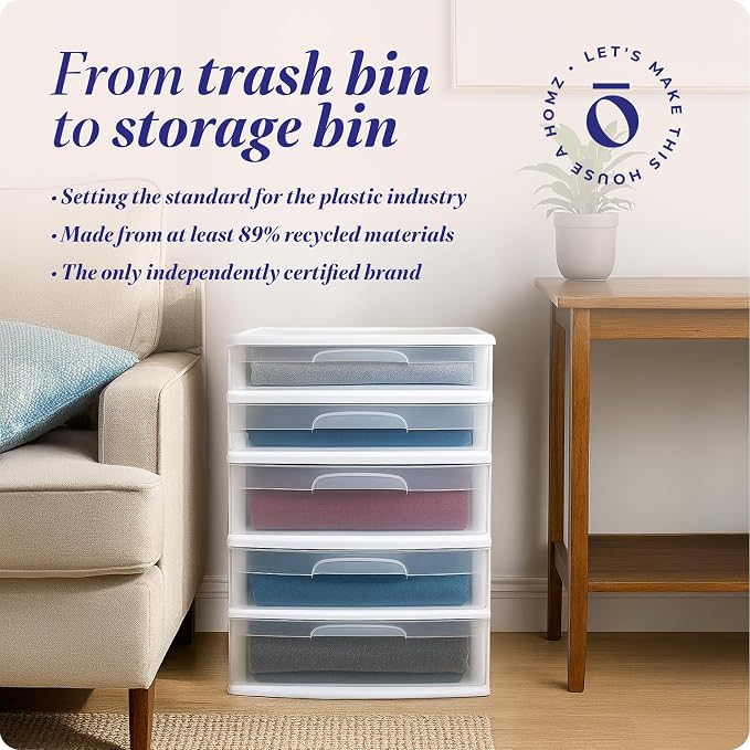 HOMZ Drawer Tower, 5-Tier Storage Cart with Removable Wheels, White Frame | Extra-Wide Plastic Organizer with Clear Bin Drawers for Bedroom, Bathroom, Home Office, and Dorm Rooms - Image 8