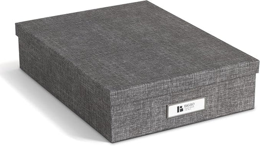Bigso Oskar Canvas Fiberboard Document Letter Box for Important Paperwork A4 or Letter Size - Durable Keepsake Box with Lid and Metal Label Holder - 3.3in x 10.2in x 13.8in - Melange Grey by Bigso