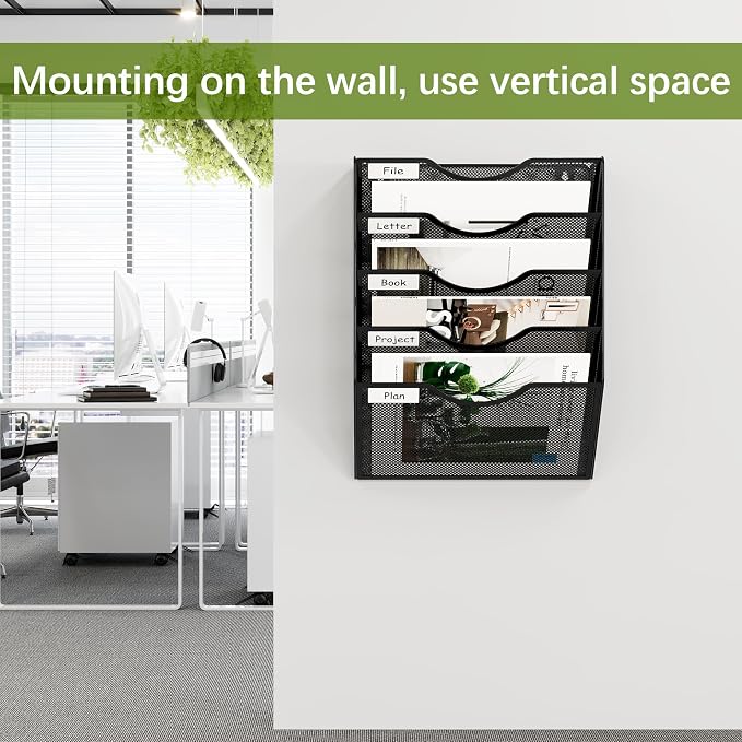 EasyPAG Wall File Organizer 5 Tier Hanging Paper Folder Holder, Zero Assembly Metal Mesh Wall Mounted Mail Organizer for Office Home Classroom Narrow Spaces, Black - Image 6