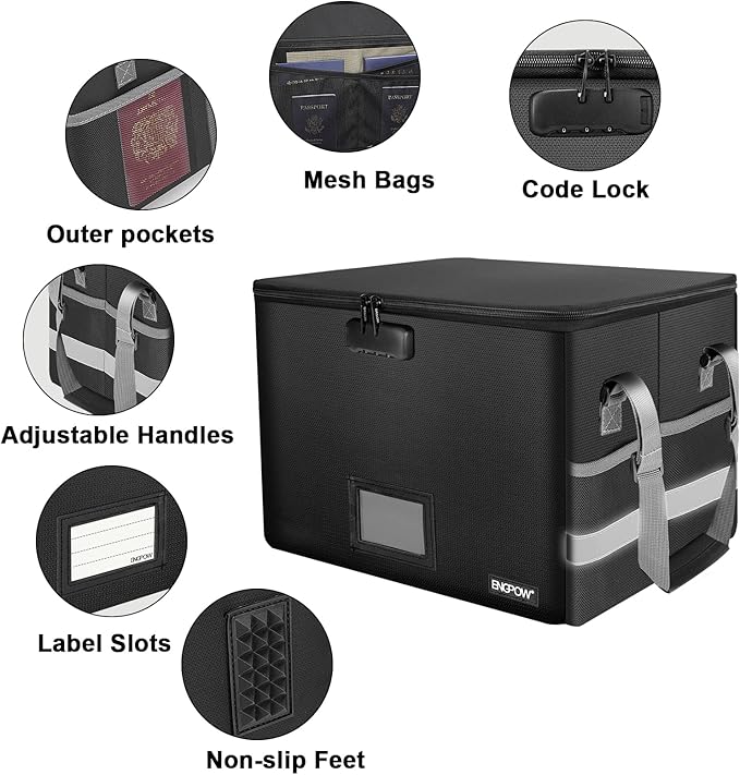 ENGPOW File Box with Lock, Fireproof Document Box with Pockets, Collapsible File Organizer Filing Storage Cabinet with Handle, Portable Home Office Safe for Hanging Letter/Legal Folders,Black,2 Pack - Image 4