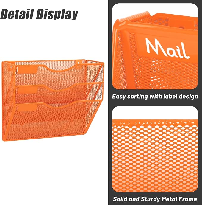 3 Pocket Mesh Hanging Wall File Organizer, Wall Mounted Mail Paper Document Folder Holder, Clipboard Storage Organization Magazine Rack with Nametag Label for Office Home School, Orange - Image 5