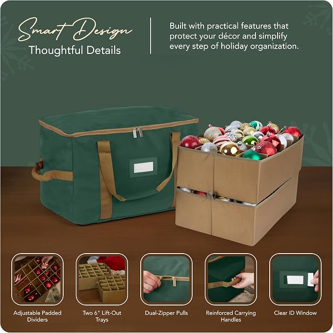 Covermates Keepsakes Adjustable Ornament Storage Bag – Heavy-Duty Polyester, Padded Dividers & FlexGrid Trays – Protective Holiday Ornament Organizer with Handles & Label Window, Green - Image 4