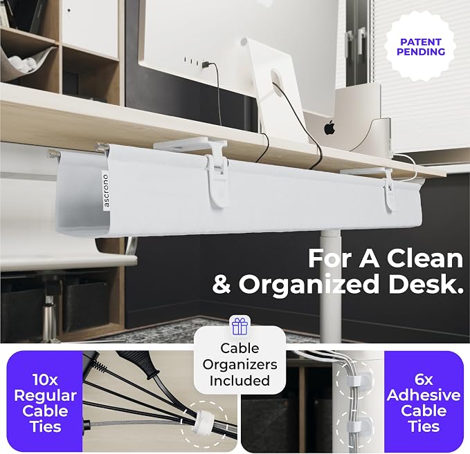 Original No Drill Under Desk Cable Management Tray 53.9" - Premium White Fabric Cable Management Under Desk - Clamp/Screw Mount Cord Organizer - Supports Upto 66lbs - Extra Large - Image 5