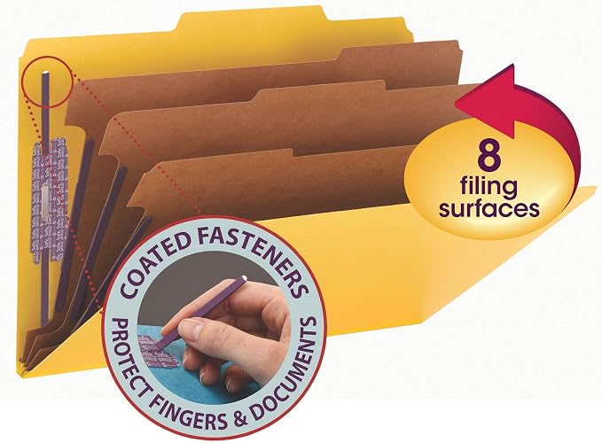 Smead Pressboard Classification File Folder with SafeSHIELD Fasteners, 3 Dividers, 3" Expansion, Legal Size, Yellow, 10 per Box (19098) (Pack of 1) - Image 2