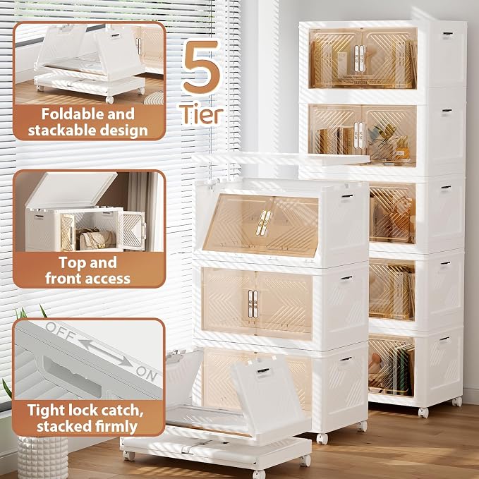 Storage Bins with Lid 76QT, Stackable Storage Containers with Wheels and Magnetic Doors, Plastic Clothes Closet Organizers and Storage Box for Home and Office (5 Pack) - Image 6