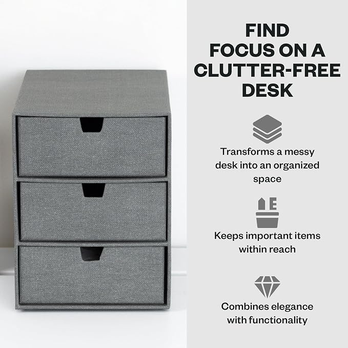 Bigso Box of Sweden Ingrid 3-Drawer Canvas Fiberboard Desk Organizer for Office Supplies and Accessories - Stackable Makeup Drawer Organizer - 6.3in x 9.9in x 8.1in - Grey (Pack of 2) - Image 3