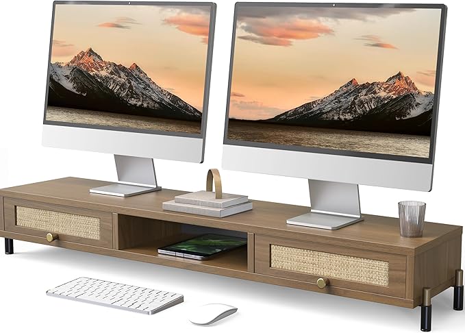 Fenge Dual Monitor Stand, Wooden Riser With Rattan Woven Flip Drawers | 2-Tier Monitor Riser, 42.5in Long Desk Shelf for 2 Monitors, Vintage Computer Stand for Laptop, Printer, TV, Brown by Fenge