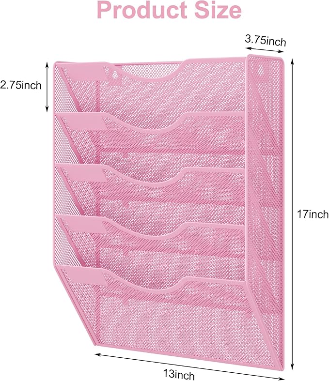 EasyPAG Wall File Organizer 5 Tier Hanging Paper Folder Holder, Zero Assembly Metal Mesh Wall Mounted Mail Organizer for Office Home Classroom Narrow Spaces, Pink - Image 5