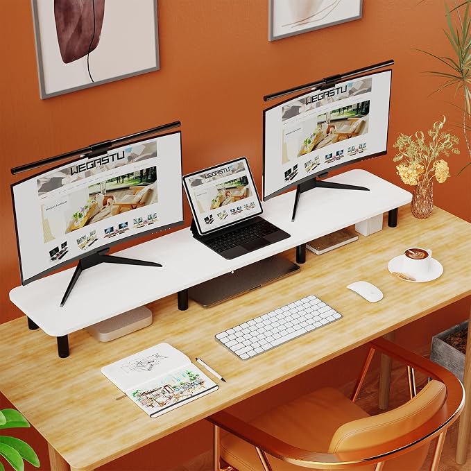 Dual Monitor Stand Riser 43.7 inch Large Extra Long Monitor Stand Riser Wide TV Stand Riser Monitor Stand for 2 Monitors Wood & Steel Leg Desktop Riser Desk Organization Home Office (White) - Image 8