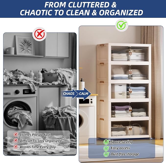 SAILUN 580Qt Stackable Storage Bins,Storage Cabinet a Lid,5Pack Blush White | Stackable Storage Drawers with Lids,26" W x 17" D x 71" H,Featuring open-front Access for Closet Storage - Image 2