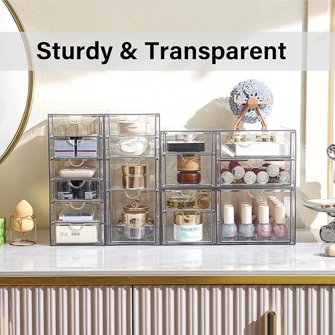 Prsildan 17 Drawers Teacher Toolbox Office Supply Organizer, Set of 4 | Clear Acrylic, Pull Out, Craft Desk Art Supply Accessories Vanity Countertop Bathroom Kitchen Cabinet Makeup Storage - Image 7