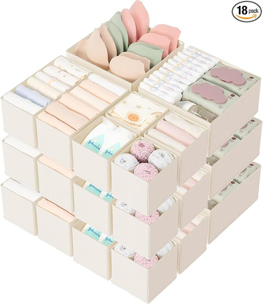 Drawer Organizer 18-Piece Set, Dresser Organizer for Baby Clothes, Foldable Closet Storage & Drawer Dividers for Underwear, Socks, Nursery (Beige) by Criusia