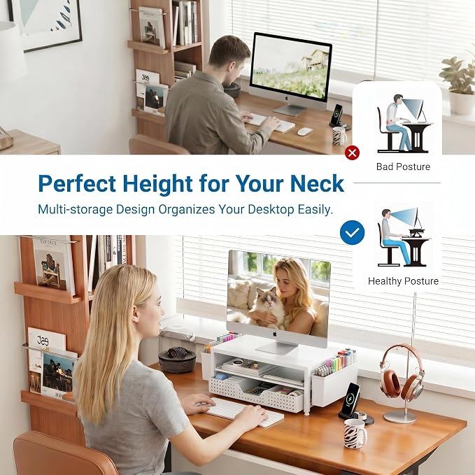 Desk Organizers and Accessories, Computer Monitor Stand Riser with Drawer and 2 Pen Holders, Printer & Laptop Stand, Office Desk Accessories & Workspace Organizers for Home Office Supplies, White - Image 3