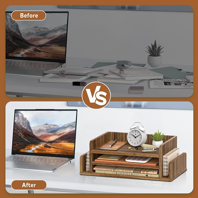 Wooden Desk Organizer, 3-Tier Paper Trays with 2 Mail Sorters, Dark Brown | Fully assembled with open shelves and side slots for sorting files, folder, letter, bill, magazine, notebook - Image 6