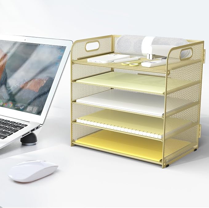 Sinboun Letter Tray Paper Organizer 5-Tier Desk Organizer File Organizer Paper Holder with Handle, Metal Desktop Document Shelf Tray Office Classroom Organization - Gold - Image 6