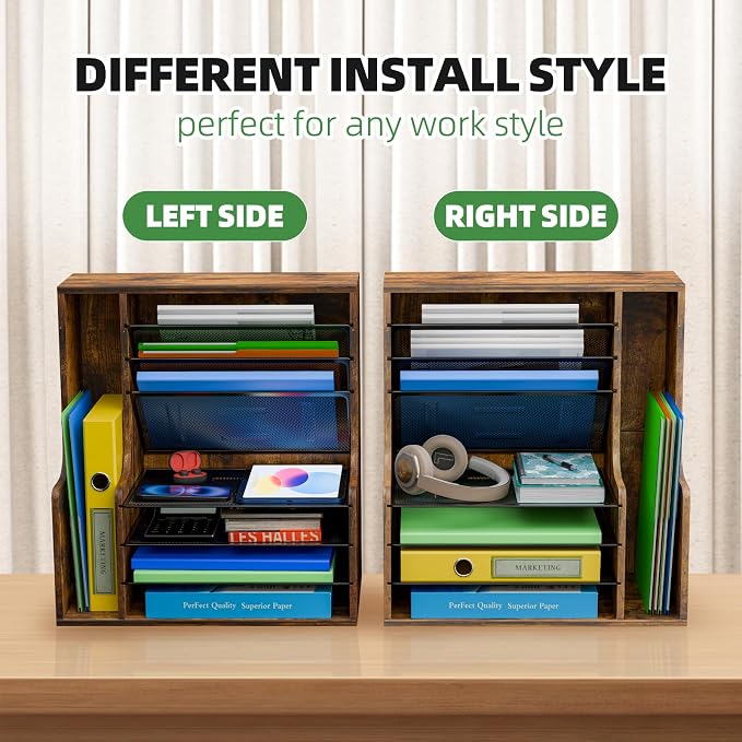 Simple Trending 7- Tier Desk File Organizer, Paper Organizer, Rustic Brown | Adjustable Letter Trays, Wooden Desk Accessories with Side File Holder, for Office Home Classroom, 16"L x 9"W x 17"H - Image 5