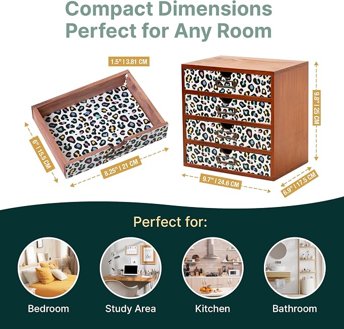 Colorful Leopard Print Wooden Desk Organizer - 4-Drawer Desktop Storage Cabinet for Office Supplies, Craft Tools & Home Organization - Trendy Wood Design for Crafters, Art Enthusiasts, Students - Image 2