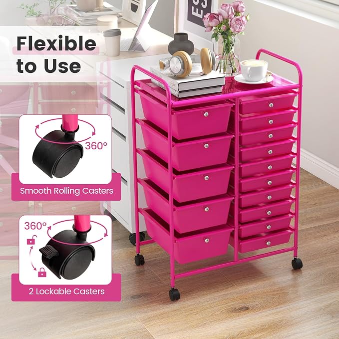 DORTALA 15-Drawer Rolling Storage Cart with Drawers, Rolling Utility Cart w/Removable Drawers & Universal Wheels, Tools Scrapbook Paper Organizer for School, Office, Home, Classroom (Hot Pink) - Image 7