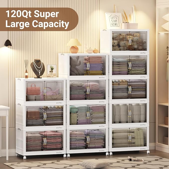 BROVIEW 480Qt Stackable Storage Bins with Lids, Extra Large Closet Organizer Collapsible Drawer Boxes with Wheels, Folding Plastic Cabinet Containers for Home Kitchen Room Organization, 4Pack White - Image 6