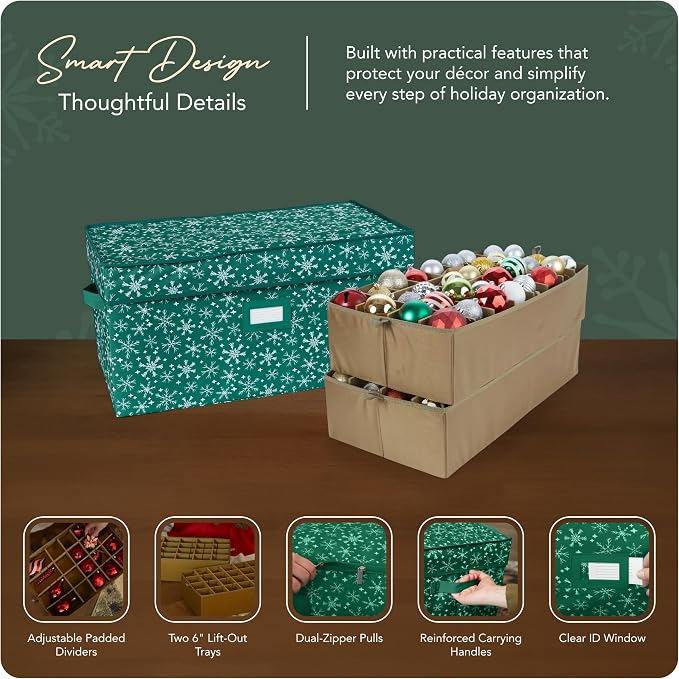 Covermates Keepsakes Adjustable Ornament Storage Box – Heavy-Duty Polyester, Padded Dividers & FlexGrid Trays – Protective Holiday Organizer with Stackable Walls & Label Window, Green Snowflake - Image 4