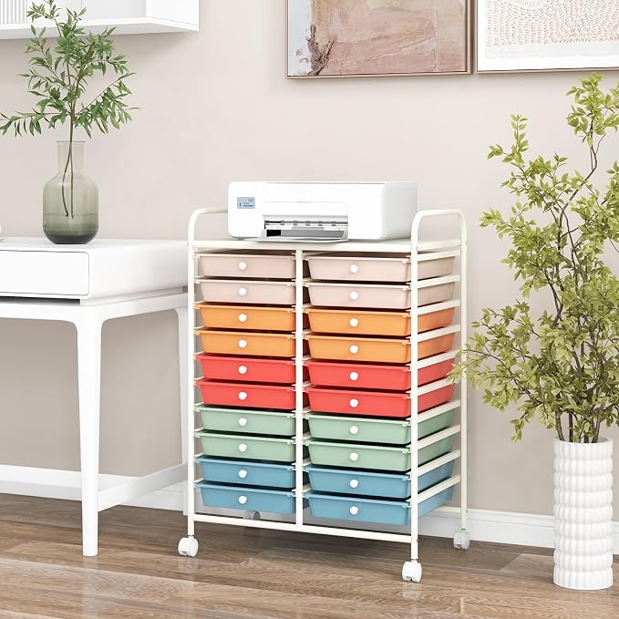 GOFLAME 20-Drawer Rolling Storage Cart, Multifunctional Art Craft Organizer Cart, Mobile Utility Storage Cart with Removable Drawers & Lockable Wheels, Craft Cart for Home Office School, Macaron Color - Image 9