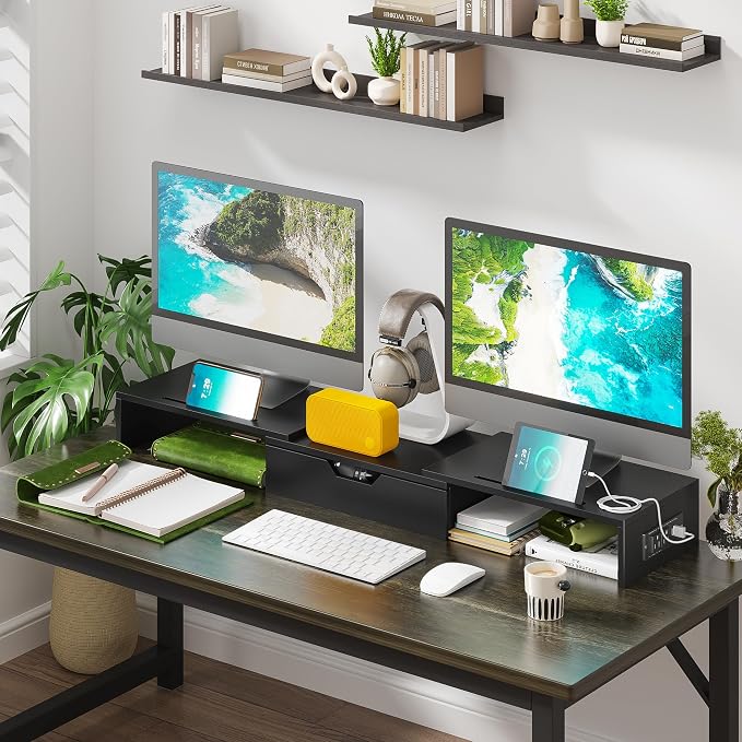 Dual Monitor Stand with USB Ports Wood Monitor Stand Riser with Drawer | Adjustable Desk Shelf,Desk Organizer for Computer,Laptop,Study&Office,No Assembly Required,Black - Image 3