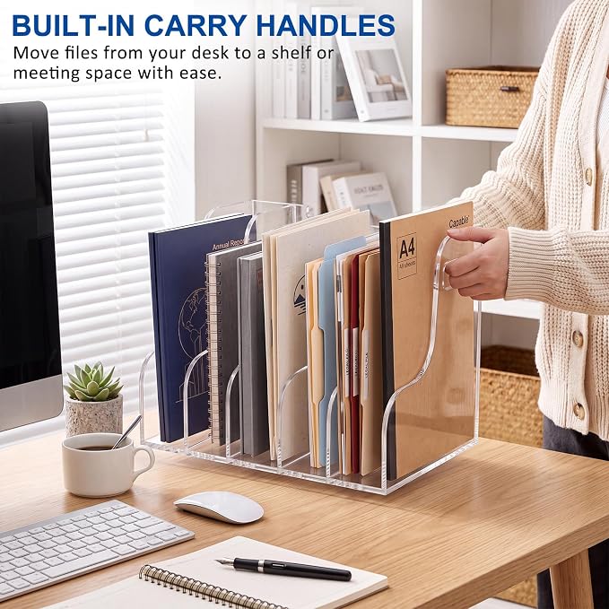 Acrylic Magazine Holder, 5 Vertical Compartments Files Sorter Organizer Rack, Clear Desk Document Storage Bin For, Magazines, Binders, Books, Home Office Workspace Desktop Organization - Image 5