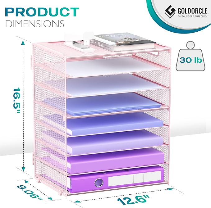 8 Tier Paper Letter Tray Organizer with Handles for Desk (Pink) | Mesh Desk File Holder Storage Organization for Home School Classroom & Office - Image 2