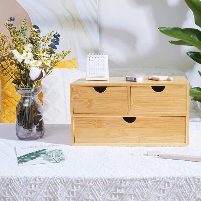 Charmewooden Bamboo Desk Organizer with 3 Drawers, Countertop Organizer with Drawers Makeup Storage Drawer 3 Drawers Tabletop Storage Organization Box Home Office Workspace - Image 5