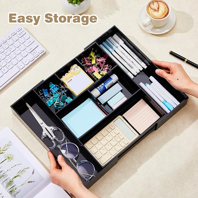 Briwooody Black Acrylic Drawer Organizer Expandable,8 Compartments,Large | 9'' up to 18'' x 12'' x 2.1'' Desk Drawer Organizer Trays Adjustable with Desk Accessories for Makeup Office Bathroom - Image 5
