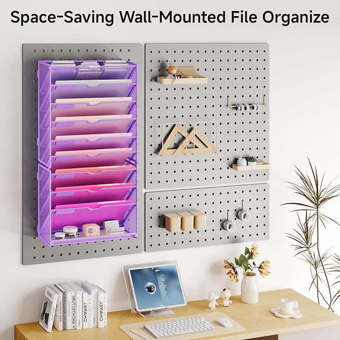 Lavatino Hanging Wall File Folders Organizer - 10-Tier Purple Metal Mesh Paper Magazine Document Mail Holder File Organizer for Office School Home Wall Mount or Desk Supplies Organization - Image 5