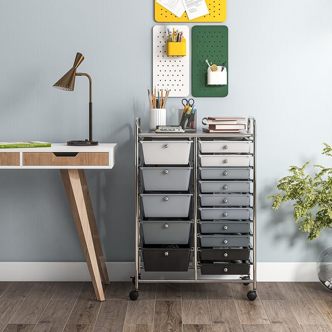 GOFLAME 15-Drawer Rolling Storage Cart, Craft Storage Cart with Removable Drawers & Lockable Wheels, Art Cart Supply Storage Organizer for Home Office Classroom, Gray Gradient - Image 2
