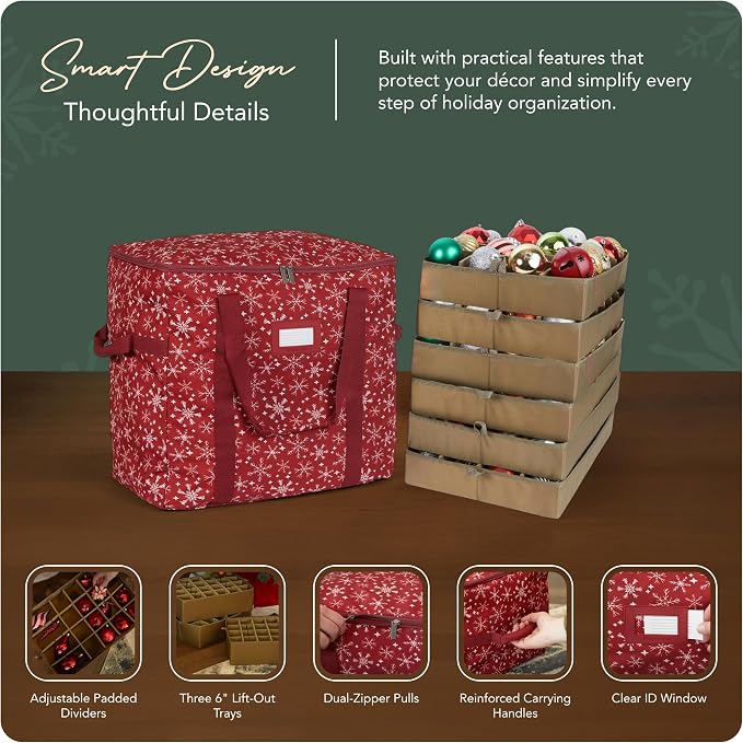 Covermates Keepsakes Adjustable Ornament Storage Bag – Heavy-Duty Polyester, Padded Dividers & FlexGrid Trays – Protective Holiday Ornament Organizer with Handles & Label Window, Red Snowflake - Image 4