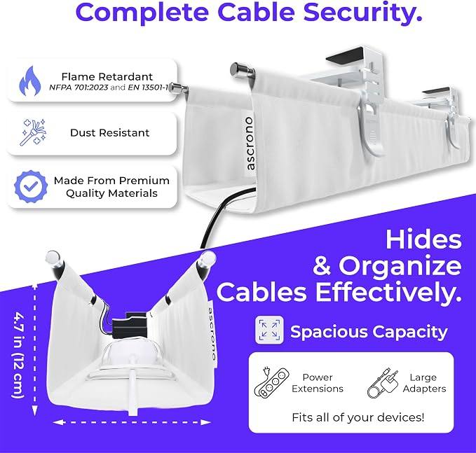 Original No Drill Under Desk Cable Management Tray 40.6" - Premium White Fabric Cable Management Under Desk - Clamp/Screw Mount Cord Organizer - Supports Upto 66lbs - Large - Image 6