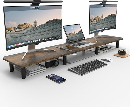 Dual Monitor Stand - 43.7 inch Extra Long Wide TV Stand - Wood & Steel Leg Desktop Riser - Desk Organization - Home Office (Vintage) by WEGASTU