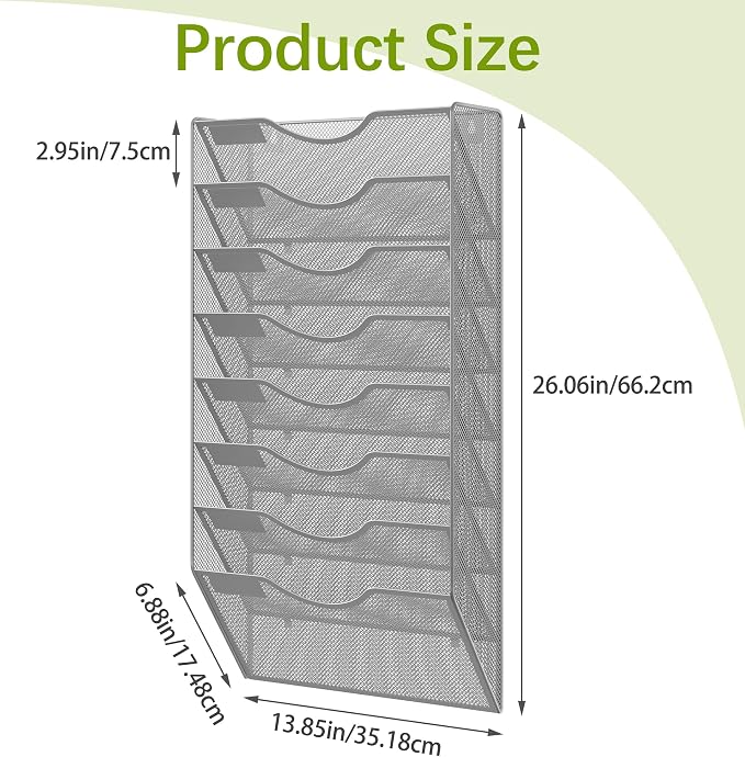 EasyPAG 8 Pocket Mesh Wall File Organizer, Hanging Paper Folder Holder with Classify Label, Vertical Wall Mount Mail Organizer for Office Home Classroom, Silver - Image 4