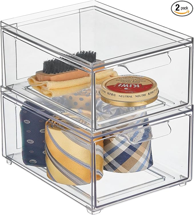 mDesign Stackable Storage Containers Box with 2 Pull-Out Drawers - Stacking Plastic Drawer Bins for Closet Organization, Linen, Coat, Bedroom or Entryway Closets - Lumiere Collection - 2 Pack - Clear by mDesign