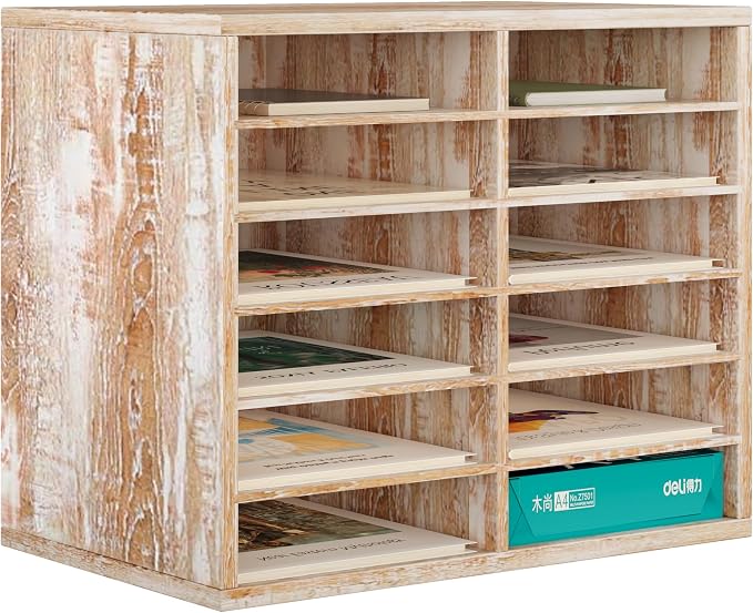 Countertop Mail Sorter Organizer, Wooden Literature Organizer, Student Mailbox for Classroom, Desktop Bill Organizer for Office Home School, 12 Compartments, Retro White by PAG