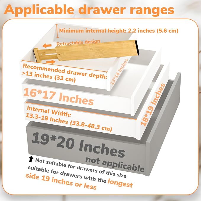 BAMEOS Bamboo Expandable Drawer Dividers – Fits 13.3"–19" Drawers, 2" High, Set of 4 | Spring-Loaded Bamboo Separator for Kitchen Island, Bathroom Vanity & Dresser Drawers - Image 2