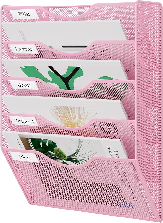 EasyPAG Wall File Organizer 5 Tier Hanging Paper Folder Holder, Zero Assembly Metal Mesh Wall Mounted Mail Organizer for Office Home Classroom Narrow Spaces, Pink by EasyPAG