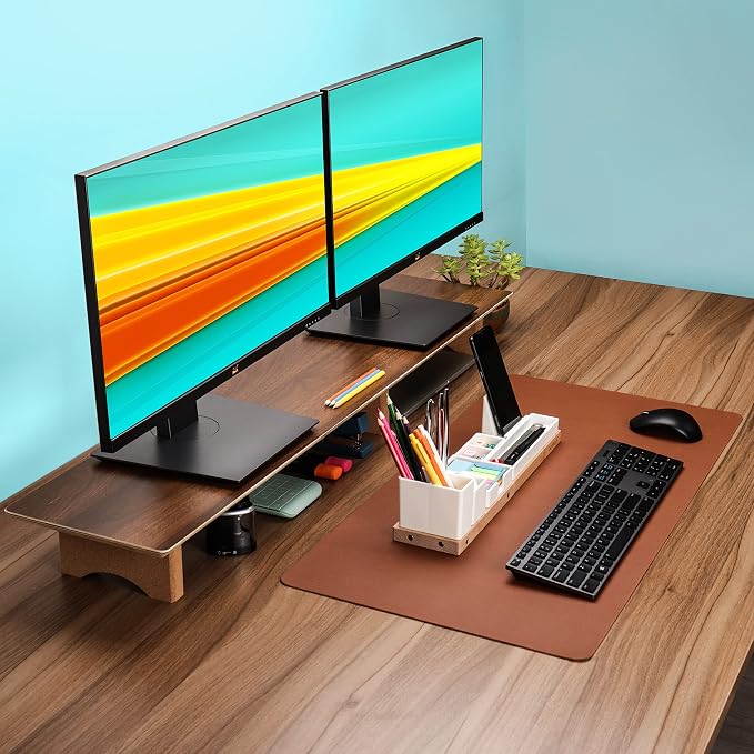 Aothia Solid Wood Dual Monitor Stand Riser for Desk, 43 Inch Black Walnut Computer Monitor Riser with Cork Legs, Extra Long Desktop Organizer Shelf for 2 Monitors, Laptop & Printer - Image 8