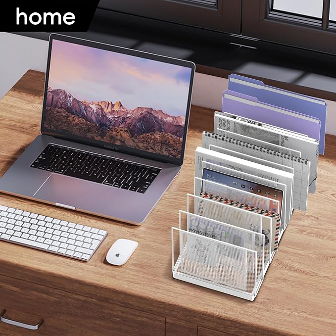 9-Section Desk File Organizer, Vertical File Holder, Mesh Desktop File Folder Metal File Organizer Stand for Office Home Classroom, White - Image 8