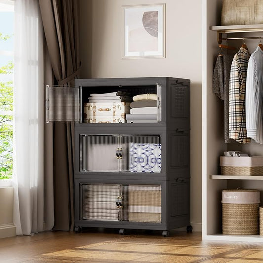 SAILUN 579Qt Stackable Storage Bins,Storage Cabinet with a Lid,3 Pack Black | Stackable Storage Drawers with Lids,33.5" W x 19" D x 53" H,Featuring open-front Access for Clothes and Closet Storage by SAILUN