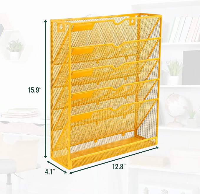 6 Tier Mesh Hanging Wall File Organizer, Desk Vertical Mail Paper Document Folder Holder Rack with Bottom Tray and Nametag Label for Office Home School, Yellow - Image 2