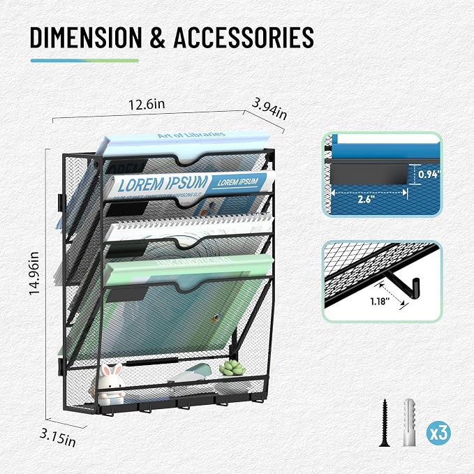 5-Tier Wall File Organizer with 5 Hooks, Wall Mounted Mail Organizer | File Holder Organizer, Metal Mesh Office Wall Organizer for Home, School & Classroom - Image 2