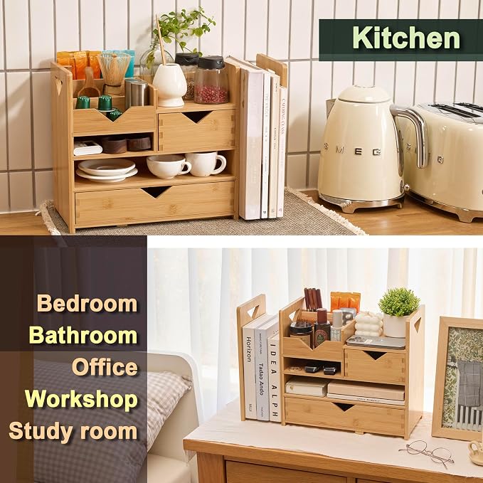 Pandorama Bamboo Desk Organizer Medium - Drawers & Adjustable File Holder, Fully Assembled Wood Desktop Storage for Kitchen, Bedroom, Bathroom, Study Room - Image 4